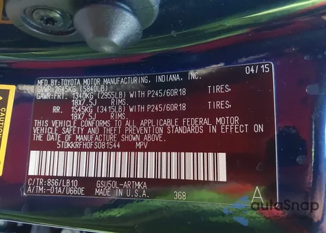 2015 Toyota Highlander Xle V6 z USA, uszkodzony, nr VIN 5TDKKRFH0FS081544